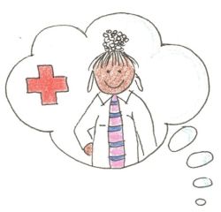 Amina in Gedankenblase als Ärztin