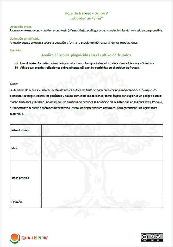 Abbildung des Arbeitsblattes
